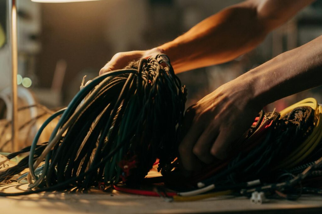 electrician calculating cable size with multimeter